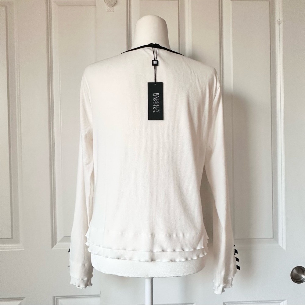 New Badgley Mischka White Cardigan Top Black Trim Bow Ribbon Cuffs Chic Ribbed - Picture 5 of 15